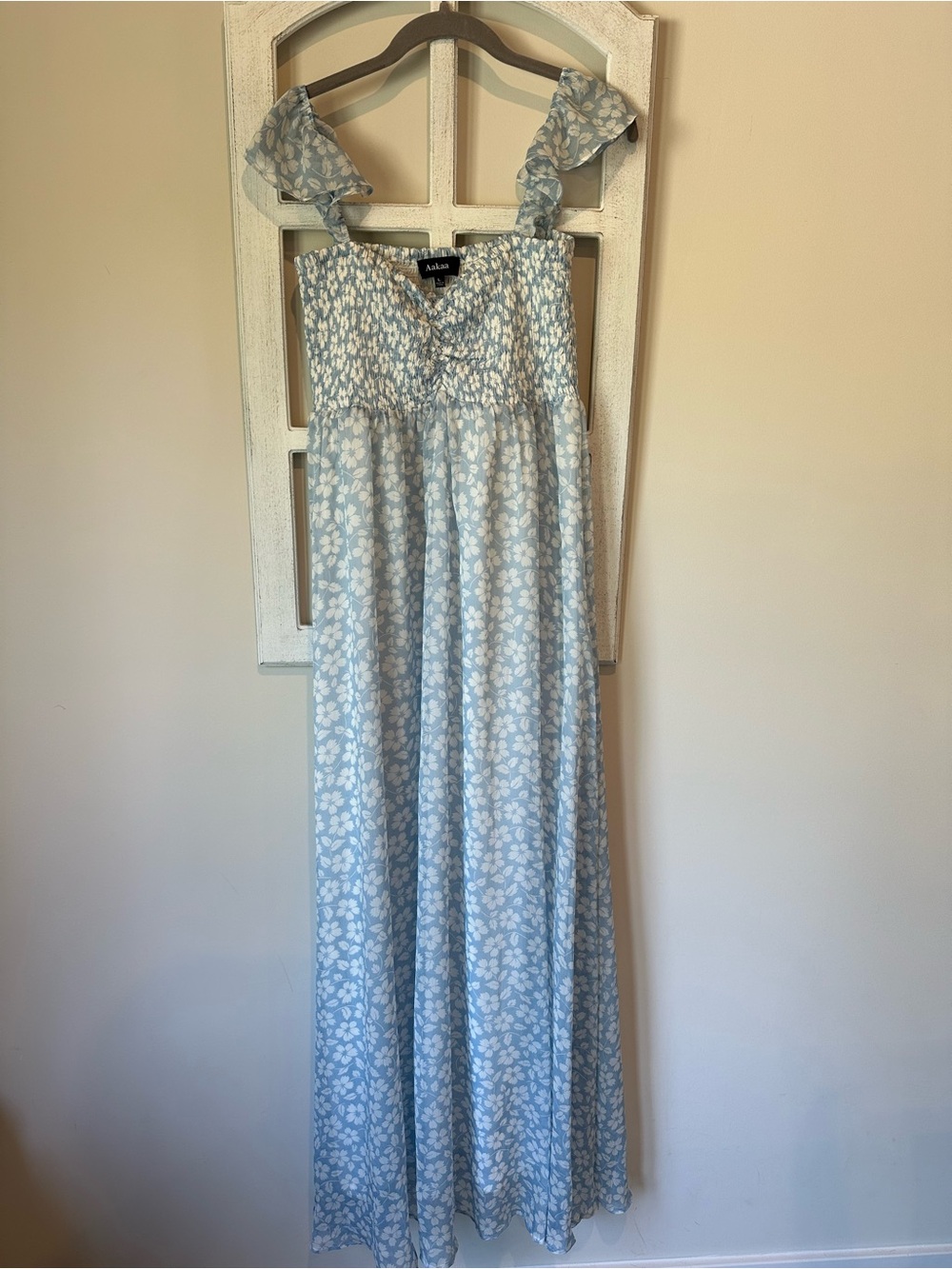 Light Blue Floral Maternity Maxi Dress with Ruffled Straps